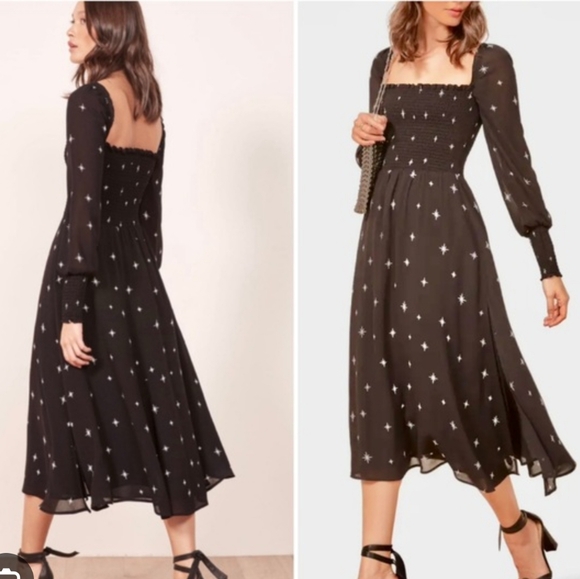 Reformation Black Star Print Midi Dress